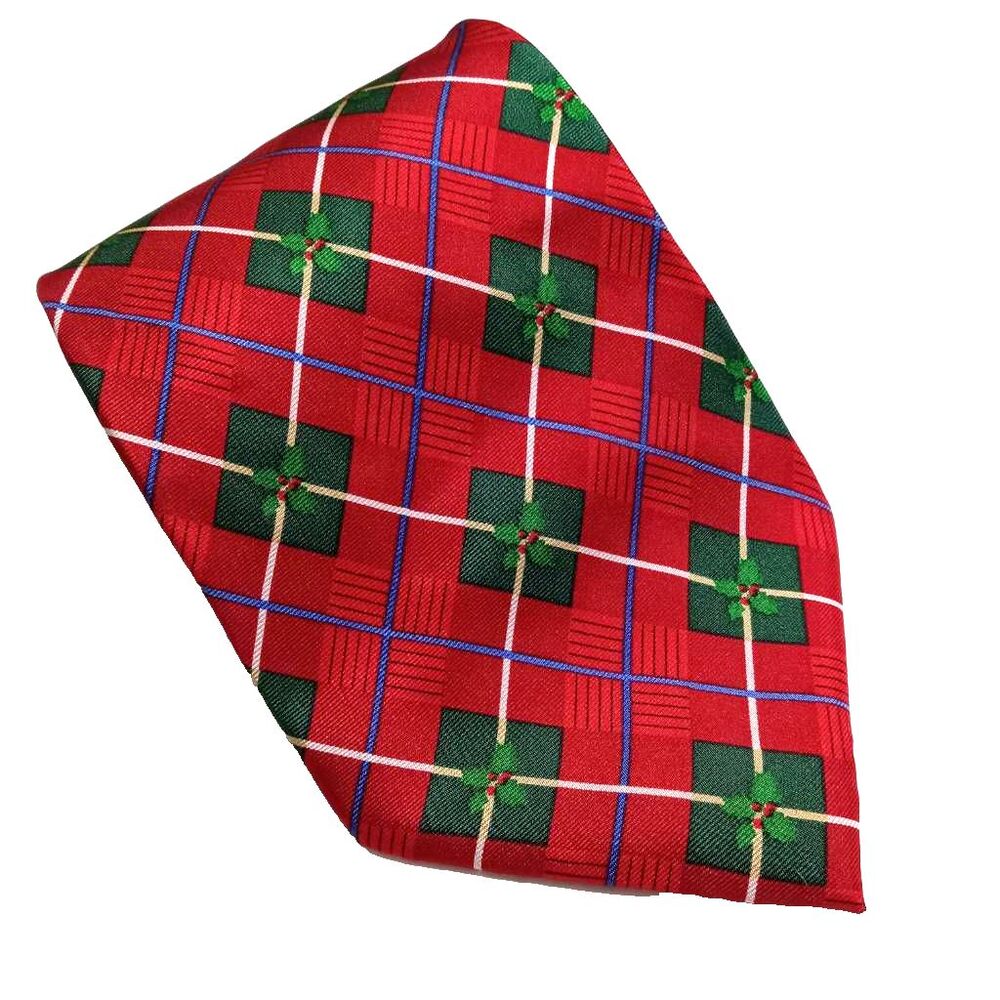 Hallmark Holiday Traditions Tie Necktie Men Red Green Mistletoe 100% Silk 60"L